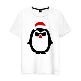 Мужская футболка хлопок с принтом Крутой пингвин дед мороз в Екатеринбурге, 100% хлопок | прямой крой, круглый вырез горловины, длина до линии бедер, слегка спущенное плечо. | Тематика изображения на принте: крутой пингвин дед морозкрутой пингвин дед мороз новый год