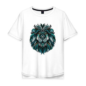Мужская футболка хлопок Oversize с принтом Синий Лев в Екатеринбурге, 100% хлопок | свободный крой, круглый ворот, “спинка” длиннее передней части | : животные | лев