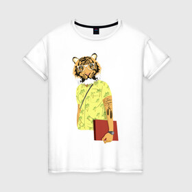 Женская футболка хлопок с принтом Тигр хипстер в Екатеринбурге, 100% хлопок | прямой крой, круглый вырез горловины, длина до линии бедер, слегка спущенное плечо | 