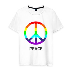 Мужская футболка хлопок с принтом Мир (Peace). Пацифик в Екатеринбурге, 100% хлопок | прямой крой, круглый вырез горловины, длина до линии бедер, слегка спущенное плечо. | (peace) | венок | знак | на картинке изображен знак пацифик и надпись peace   мирмир | пацифик | пис