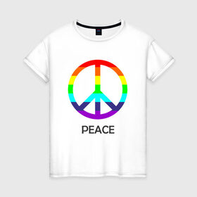 Женская футболка хлопок с принтом Мир (Peace). Пацифик в Екатеринбурге, 100% хлопок | прямой крой, круглый вырез горловины, длина до линии бедер, слегка спущенное плечо | (peace) | венок | знак | на картинке изображен знак пацифик и надпись peace   мирмир | пацифик | пис
