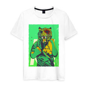 Мужская футболка хлопок с принтом Tiger в Екатеринбурге, 100% хлопок | прямой крой, круглый вырез горловины, длина до линии бедер, слегка спущенное плечо. | Тематика изображения на принте: hotline miami