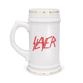 Кружка пивная с принтом Slayer logo в Екатеринбурге,  керамика (Материал выдерживает высокую температуру, стоит избегать резкого перепада температур) |  объем 630 мл | alternative rock | pank | punk | rock | slayer | альтернативный рок | метал | панк | рок | слаер | тяжелая музыка | хард рок | хеви метал