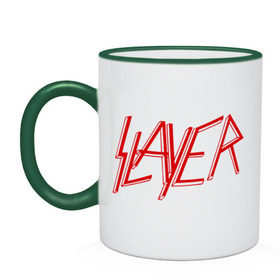 Кружка двухцветная с принтом Slayer logo в Екатеринбурге, керамика | объем — 330 мл, диаметр — 80 мм. Цветная ручка и кайма сверху, в некоторых цветах — вся внутренняя часть | alternative rock | pank | punk | rock | slayer | альтернативный рок | метал | панк | рок | слаер | тяжелая музыка | хард рок | хеви метал
