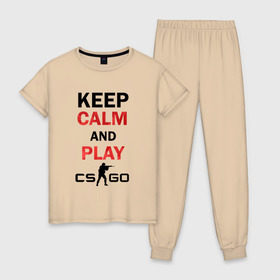 Женская пижама хлопок с принтом Keep Calm and play cs:go в Екатеринбурге, 100% хлопок | брюки и футболка прямого кроя, без карманов, на брюках мягкая резинка на поясе и по низу штанин | calm | cs go | keep | го