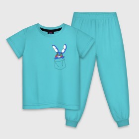 Детская пижама хлопок с принтом Toy Bonnie в кармане FNAF в Екатеринбурге, 100% хлопок |  брюки и футболка прямого кроя, без карманов, на брюках мягкая резинка на поясе и по низу штанин
 | Тематика изображения на принте: fnaf | toy bonnie | карман | фнаф