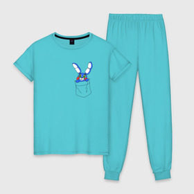 Женская пижама хлопок с принтом Toy Bonnie в кармане FNAF в Екатеринбурге, 100% хлопок | брюки и футболка прямого кроя, без карманов, на брюках мягкая резинка на поясе и по низу штанин | fnaf | toy bonnie | карман | фнаф