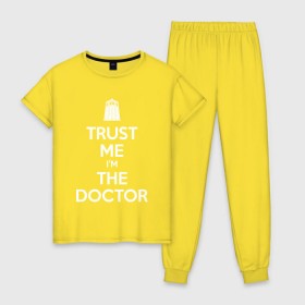 Женская пижама хлопок с принтом Trust me Im the doctor в Екатеринбурге, 100% хлопок | брюки и футболка прямого кроя, без карманов, на брюках мягкая резинка на поясе и по низу штанин | doctor who | keep calm | для темных основtrust me | доктор кто