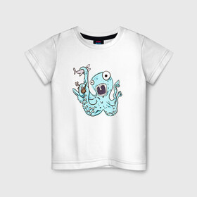Детская футболка хлопок с принтом Осьминог в Екатеринбурге, 100% хлопок | круглый вырез горловины, полуприлегающий силуэт, длина до линии бедер | Тематика изображения на принте: акула | корабль | море | осьминог