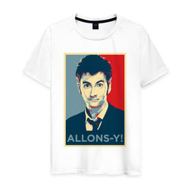 Мужская футболка хлопок с принтом Десятый доктор Allons-y! в Екатеринбурге, 100% хлопок | прямой крой, круглый вырез горловины, длина до линии бедер, слегка спущенное плечо. | allons y | doctor who | десятый доктор | доктор кто