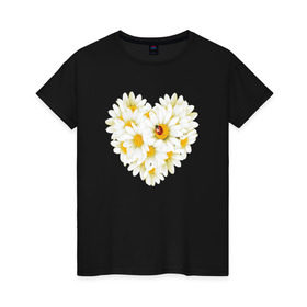 Женская футболка хлопок с принтом Цветущее сердце в Екатеринбурге, 100% хлопок | прямой крой, круглый вырез горловины, длина до линии бедер, слегка спущенное плечо | любовь | ромашки | сердце | цветы