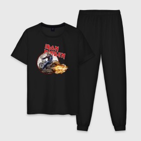 Мужская пижама хлопок с принтом Iron Maiden bike в Екатеринбурге, 100% хлопок | брюки и футболка прямого кроя, без карманов, на брюках мягкая резинка на поясе и по низу штанин
 | Тематика изображения на принте: скелет