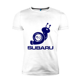 Мужская футболка премиум с принтом Subaru в Екатеринбурге, 92% хлопок, 8% лайкра | приталенный силуэт, круглый вырез ворота, длина до линии бедра, короткий рукав | Тематика изображения на принте: subaru | авто | субарик | субару | турбина | улитка