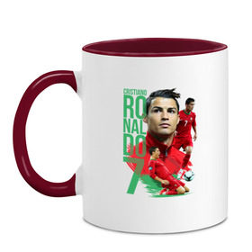 Кружка двухцветная с принтом Ronaldo в Екатеринбурге, керамика | объем — 330 мл, диаметр — 80 мм. Цветная ручка и кайма сверху, в некоторых цветах — вся внутренняя часть | Тематика изображения на принте: роналдо
