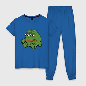 Женская пижама хлопок с принтом Грустняш в Екатеринбурге, 100% хлопок | брюки и футболка прямого кроя, без карманов, на брюках мягкая резинка на поясе и по низу штанин | pepe | грустная жаба | жаба | мем | пепе