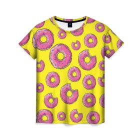 Женская футболка 3D с принтом Пончики в Екатеринбурге, 100% полиэфир ( синтетическое хлопкоподобное полотно) | прямой крой, круглый вырез горловины, длина до линии бедер | donut | simpsons | паттерн | пончик
