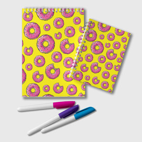 Блокнот с принтом Пончики в Екатеринбурге, 100% бумага | 48 листов, плотность листов — 60 г/м2, плотность картонной обложки — 250 г/м2. Листы скреплены удобной пружинной спиралью. Цвет линий — светло-серый
 | donut | simpsons | паттерн | пончик