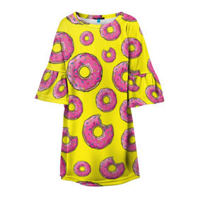 Детское платье 3D с принтом Пончики в Екатеринбурге, 100% полиэстер | прямой силуэт, чуть расширенный к низу. Круглая горловина, на рукавах — воланы | Тематика изображения на принте: donut | simpsons | паттерн | пончик