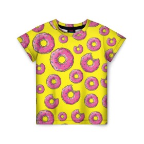 Детская футболка 3D с принтом Пончики в Екатеринбурге, 100% гипоаллергенный полиэфир | прямой крой, круглый вырез горловины, длина до линии бедер, чуть спущенное плечо, ткань немного тянется | donut | simpsons | паттерн | пончик