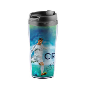 Термокружка-непроливайка с принтом Ronaldo в Екатеринбурге, внутренняя часть — пищевой пластик, наружная часть — прозрачный пластик, между ними — полиграфическая вставка с рисунком | объем — 350 мл, герметичная крышка | Тематика изображения на принте: роналдо