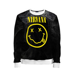 Детский свитшот 3D с принтом Nirvana в Екатеринбурге, 100% полиэстер | свободная посадка, прямой крой, мягкая тканевая резинка на рукавах и понизу свитшота | Тематика изображения на принте: cobain | curt | nirvana | rock | smile | кобейн | курт | рок | смайл