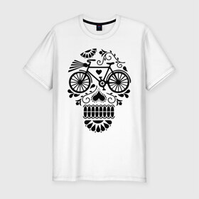 Мужская футболка премиум с принтом Велочереп в Екатеринбурге, 92% хлопок, 8% лайкра | приталенный силуэт, круглый вырез ворота, длина до линии бедра, короткий рукав | bicycle | bike | biker | байк | велик | велосипед | велосипедист | велоспорт | велочереп | спорт | череп