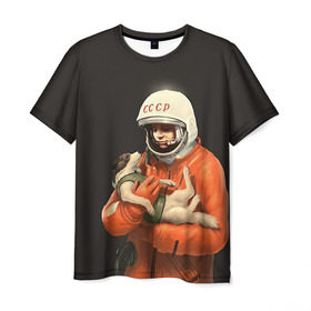 Мужская футболка 3D с принтом Гагарин в Екатеринбурге, 100% полиэфир | прямой крой, круглый вырез горловины, длина до линии бедер | Тематика изображения на принте: гагарин | космос. россия | поехали | полет | собака | ссср