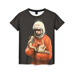 Женская футболка 3D с принтом Гагарин в Екатеринбурге, 100% полиэфир ( синтетическое хлопкоподобное полотно) | прямой крой, круглый вырез горловины, длина до линии бедер | гагарин | космос. россия | поехали | полет | собака | ссср