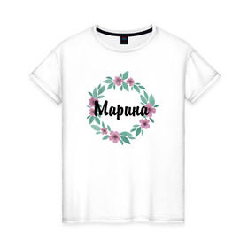 Женская футболка хлопок с принтом Марина в Екатеринбурге, 100% хлопок | прямой крой, круглый вырез горловины, длина до линии бедер, слегка спущенное плечо | акварель | венок | марина | цветы