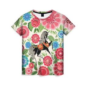 Женская футболка 3D с принтом Роспись в Екатеринбурге, 100% полиэфир ( синтетическое хлопкоподобное полотно) | прямой крой, круглый вырез горловины, длина до линии бедер | конь | лошадь | узор | цветы