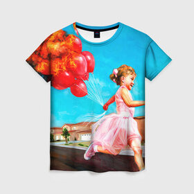 Женская футболка 3D с принтом Девочка с шариками в Екатеринбурге, 100% полиэфир ( синтетическое хлопкоподобное полотно) | прямой крой, круглый вырез горловины, длина до линии бедер | картина | огонь