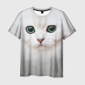 Мужская футболка 3D с принтом Белый котик в Екатеринбурге, 100% полиэфир | прямой крой, круглый вырез горловины, длина до линии бедер | белая кошка | киса | кот | котик | кошка
