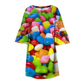 Детское платье 3D с принтом Конфетки в Екатеринбурге, 100% полиэстер | прямой силуэт, чуть расширенный к низу. Круглая горловина, на рукавах — воланы | Тематика изображения на принте: вкусности | конфеты | мармелад | сладости