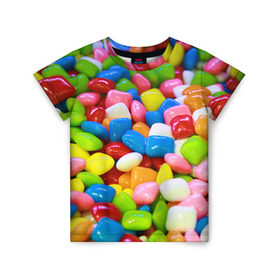 Детская футболка 3D с принтом Конфетки в Екатеринбурге, 100% гипоаллергенный полиэфир | прямой крой, круглый вырез горловины, длина до линии бедер, чуть спущенное плечо, ткань немного тянется | вкусности | конфеты | мармелад | сладости