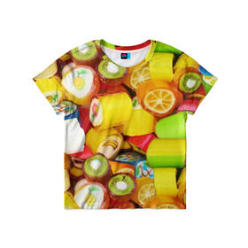Детская футболка 3D с принтом Леденцы в Екатеринбурге, 100% гипоаллергенный полиэфир | прямой крой, круглый вырез горловины, длина до линии бедер, чуть спущенное плечо, ткань немного тянется | вкусности | конфеты сладости | леденец