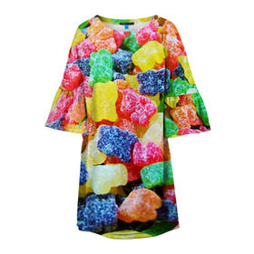 Детское платье 3D с принтом Мармеладные мишки в Екатеринбурге, 100% полиэстер | прямой силуэт, чуть расширенный к низу. Круглая горловина, на рукавах — воланы | Тематика изображения на принте: вкусности | конфеты | мармелад | мишки | сладости