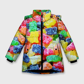 Зимняя куртка для девочек 3D с принтом Мармеладные мишки в Екатеринбурге, ткань верха — 100% полиэстер; подклад — 100% полиэстер, утеплитель — 100% полиэстер. | длина ниже бедра, удлиненная спинка, воротник стойка и отстегивающийся капюшон. Есть боковые карманы с листочкой на кнопках, утяжки по низу изделия и внутренний карман на молнии. 

Предусмотрены светоотражающий принт на спинке, радужный светоотражающий элемент на пуллере молнии и на резинке для утяжки. | Тематика изображения на принте: вкусности | конфеты | мармелад | мишки | сладости