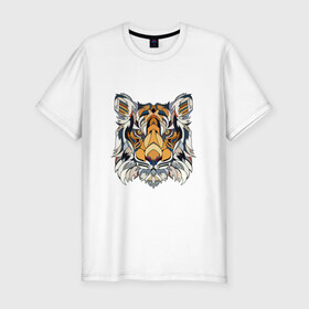 Мужская футболка премиум с принтом Тигруля в Екатеринбурге, 92% хлопок, 8% лайкра | приталенный силуэт, круглый вырез ворота, длина до линии бедра, короткий рукав | Тематика изображения на принте: звери | лев | минимализм | свирепый тигр защитит вас в любое время :)геометрия | тигр