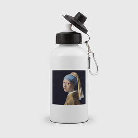 Бутылка спортивная с принтом Девушка с жемчужной серёжкой в Екатеринбурге, металл | емкость — 500 мл, в комплекте две пластиковые крышки и карабин для крепления | 