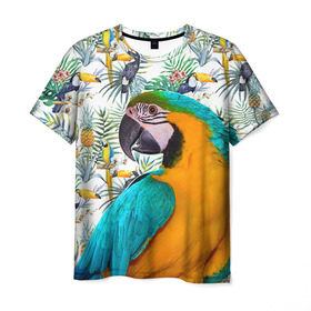 Мужская футболка 3D с принтом Попугаи в Екатеринбурге, 100% полиэфир | прямой крой, круглый вырез горловины, длина до линии бедер | myparrots | parrot | ара | листья | орнамент | попугаи | птицы | рай | синежелтый | тукан | узор | цветы