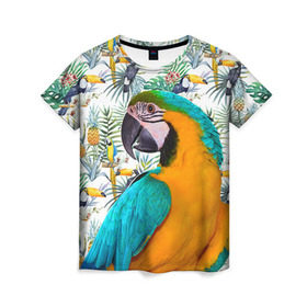 Женская футболка 3D с принтом Попугаи в Екатеринбурге, 100% полиэфир ( синтетическое хлопкоподобное полотно) | прямой крой, круглый вырез горловины, длина до линии бедер | myparrots | parrot | ара | листья | орнамент | попугаи | птицы | рай | синежелтый | тукан | узор | цветы