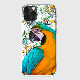 Чехол для iPhone 12 Pro с принтом Попугаи в Екатеринбурге, силикон | область печати: задняя сторона чехла, без боковых панелей | myparrots | parrot | ара | листья | орнамент | попугаи | птицы | рай | синежелтый | тукан | узор | цветы