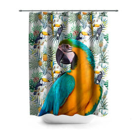 Штора 3D для ванной с принтом Попугаи в Екатеринбурге, 100% полиэстер | плотность материала — 100 г/м2. Стандартный размер — 146 см х 180 см. По верхнему краю — пластиковые люверсы для креплений. В комплекте 10 пластиковых колец | myparrots | parrot | ара | листья | орнамент | попугаи | птицы | рай | синежелтый | тукан | узор | цветы