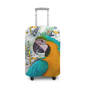 Чехол для чемодана 3D с принтом Попугаи в Екатеринбурге, 86% полиэфир, 14% спандекс | двустороннее нанесение принта, прорези для ручек и колес | myparrots | parrot | ара | листья | орнамент | попугаи | птицы | рай | синежелтый | тукан | узор | цветы