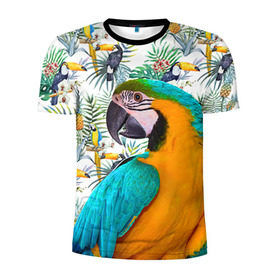 Мужская футболка 3D спортивная с принтом Попугаи в Екатеринбурге, 100% полиэстер с улучшенными характеристиками | приталенный силуэт, круглая горловина, широкие плечи, сужается к линии бедра | myparrots | parrot | ара | листья | орнамент | попугаи | птицы | рай | синежелтый | тукан | узор | цветы