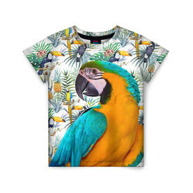 Детская футболка 3D с принтом Попугаи в Екатеринбурге, 100% гипоаллергенный полиэфир | прямой крой, круглый вырез горловины, длина до линии бедер, чуть спущенное плечо, ткань немного тянется | Тематика изображения на принте: myparrots | parrot | ара | листья | орнамент | попугаи | птицы | рай | синежелтый | тукан | узор | цветы