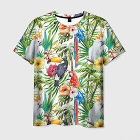 Мужская футболка 3D с принтом Попугаи в Екатеринбурге, 100% полиэфир | прямой крой, круглый вырез горловины, длина до линии бедер | myparrots | parrot | ара | листья | орнамент | попугаи | птицы | рай | тукан | узор | цветы