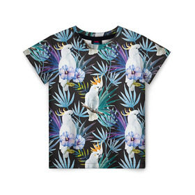 Детская футболка 3D с принтом Попугаи в Екатеринбурге, 100% гипоаллергенный полиэфир | прямой крой, круглый вырез горловины, длина до линии бедер, чуть спущенное плечо, ткань немного тянется | myparrots | parrotузор | листья | орнамент | попугаи | птицы | рай | цветы