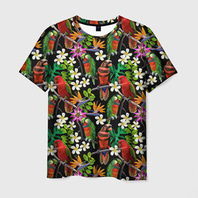 Мужская футболка 3D с принтом Попугаи в Екатеринбурге, 100% полиэфир | прямой крой, круглый вырез горловины, длина до линии бедер | Тематика изображения на принте: myparrots | parrotузор | листья | орнамент | попугаи | птицы | рай | цветы