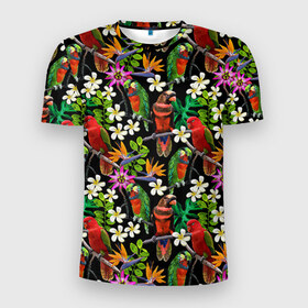 Мужская футболка 3D спортивная с принтом Попугаи в Екатеринбурге, 100% полиэстер с улучшенными характеристиками | приталенный силуэт, круглая горловина, широкие плечи, сужается к линии бедра | Тематика изображения на принте: myparrots | parrotузор | листья | орнамент | попугаи | птицы | рай | цветы